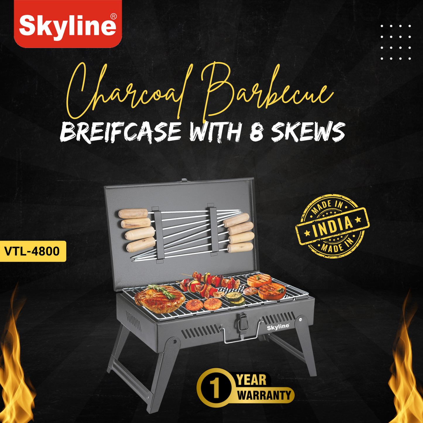 Skyline Charcoal Barbeque Briefcase with 8 Skews - Portable Grilling Solution for Outdoor Cooking
