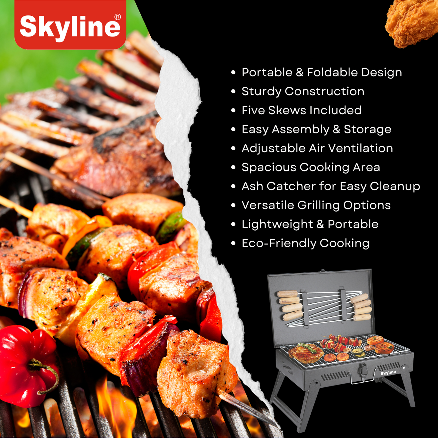Skyline Charcoal Barbeque Briefcase with 8 Skews - Portable Grilling Solution for Outdoor Cooking