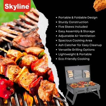 Skyline Charcoal Barbeque Briefcase with 8 Skews - Portable Grilling Solution for Outdoor Cooking