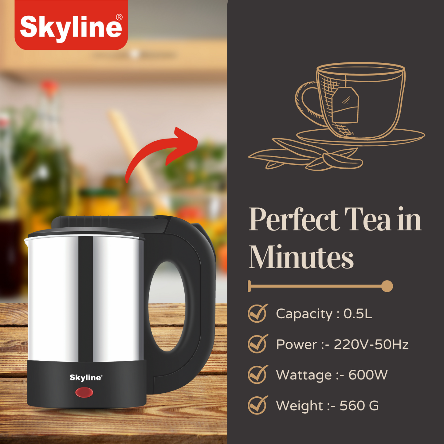 Skyline Electric Kettle 600W 0.5 Litre – Compact, Efficient & Perfect for Quick Boiling