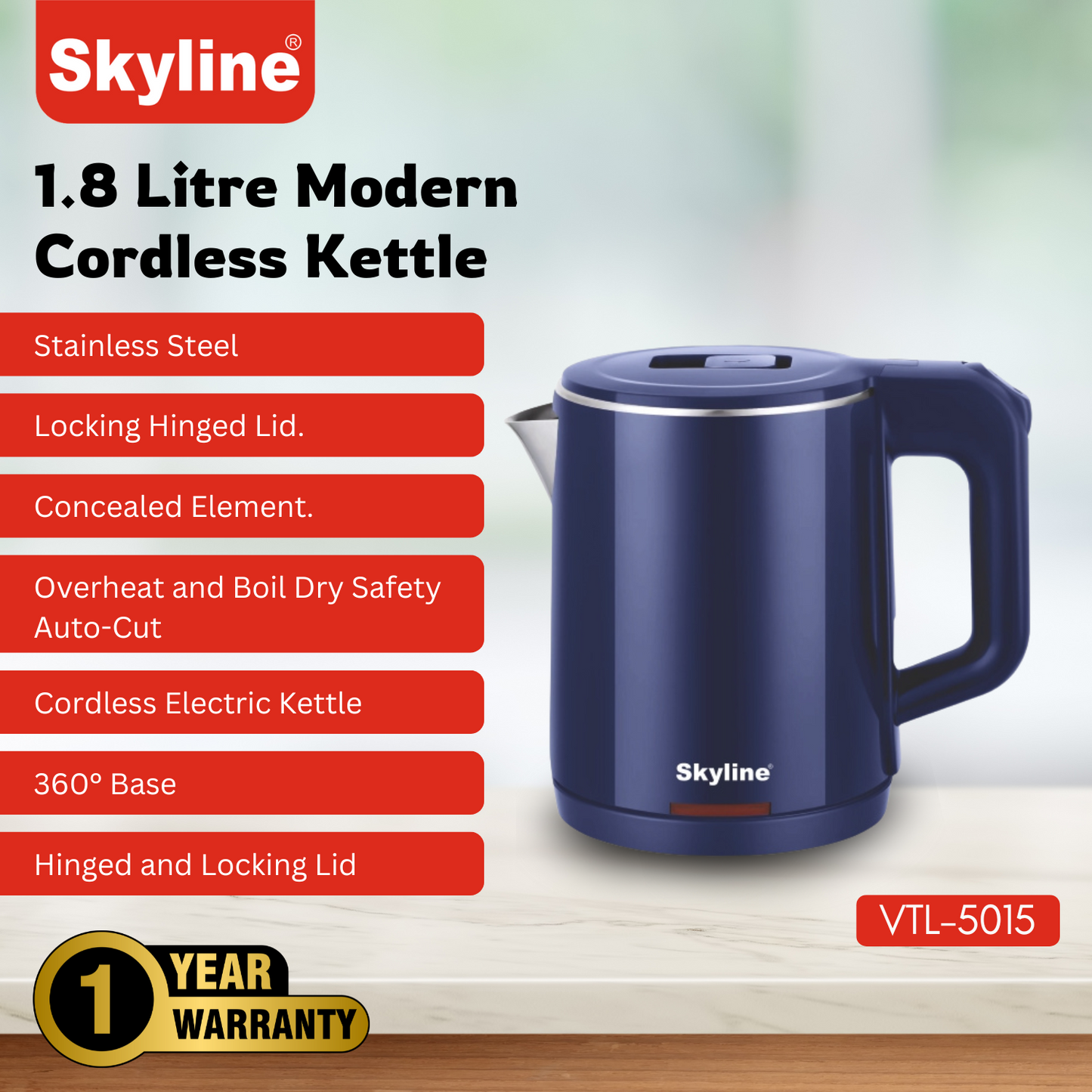 Skyline 1000W Double Wall Electric Kettle, 1.0L - Compact, Energy-Efficient & Safe Design