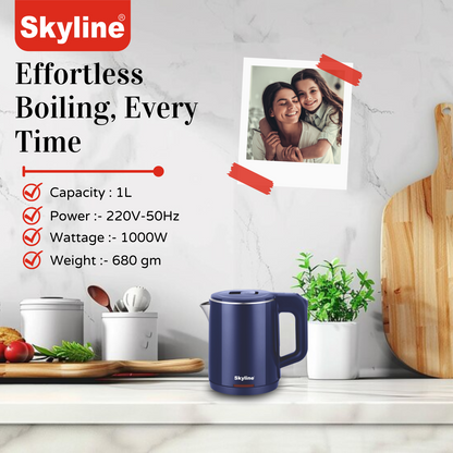Skyline 1000W Double Wall Electric Kettle, 1.0L - Compact, Energy-Efficient & Safe Design
