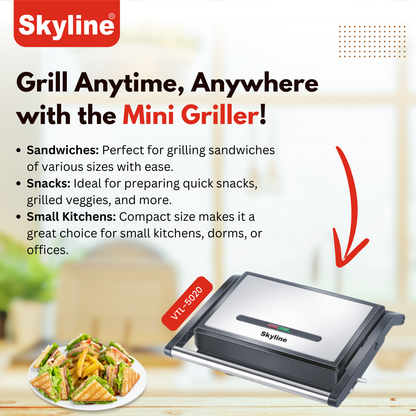 Skyline 1200W Mini Griller with Non-Stick Plates & Cool Touch Handle