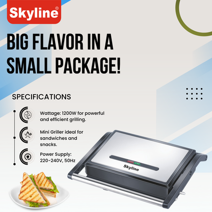 Skyline 1200W Mini Griller with Non-Stick Plates & Cool Touch Handle