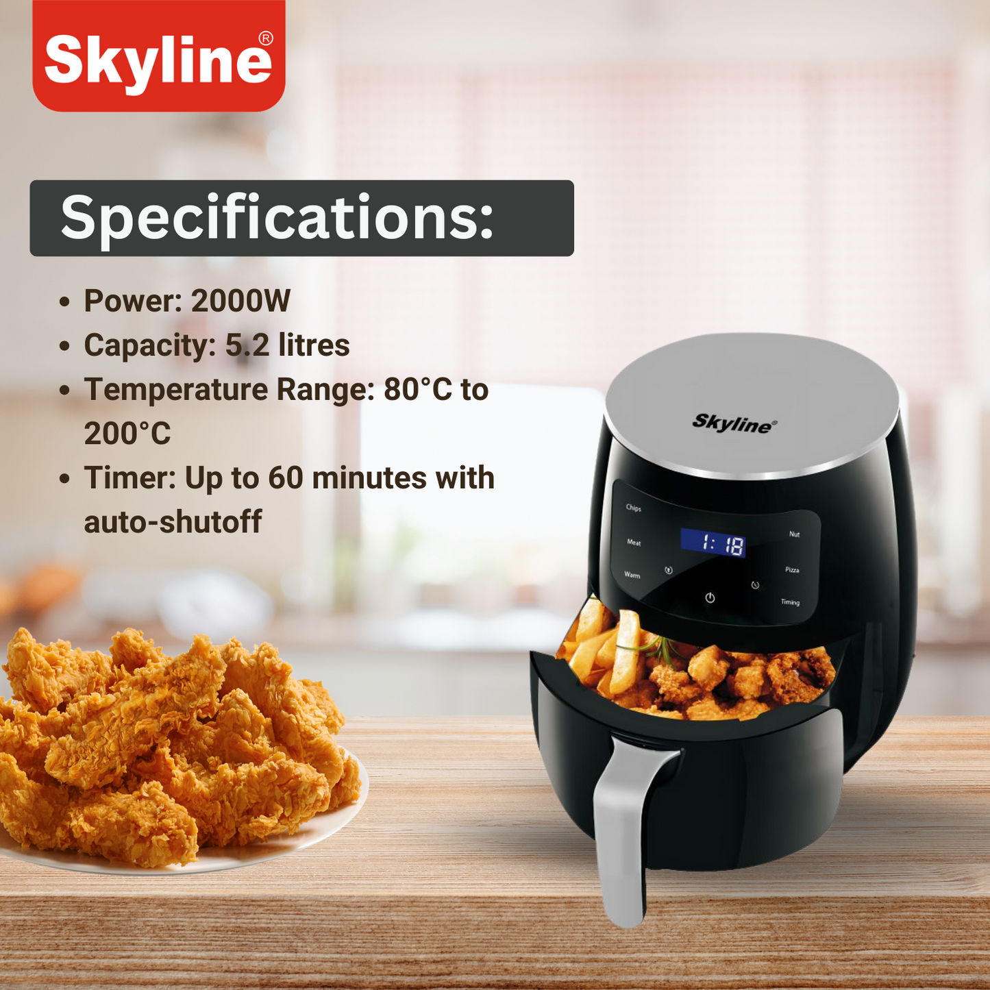 Skyline Digital Air Fryer 2000W, 5.2 Litres – Ultimate Large Capacity Healthy Cooking Solution