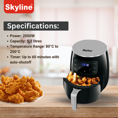Skyline Digital Air Fryer 2000W, 5.2 Litres – Ultimate Large Capacity Healthy Cooking Solution