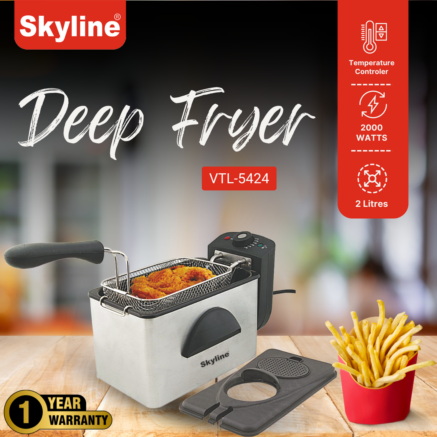 Skyline 2000W Deep Fryer | 2L Capacity with Adjustable Thermostat & Stainless Steel Design