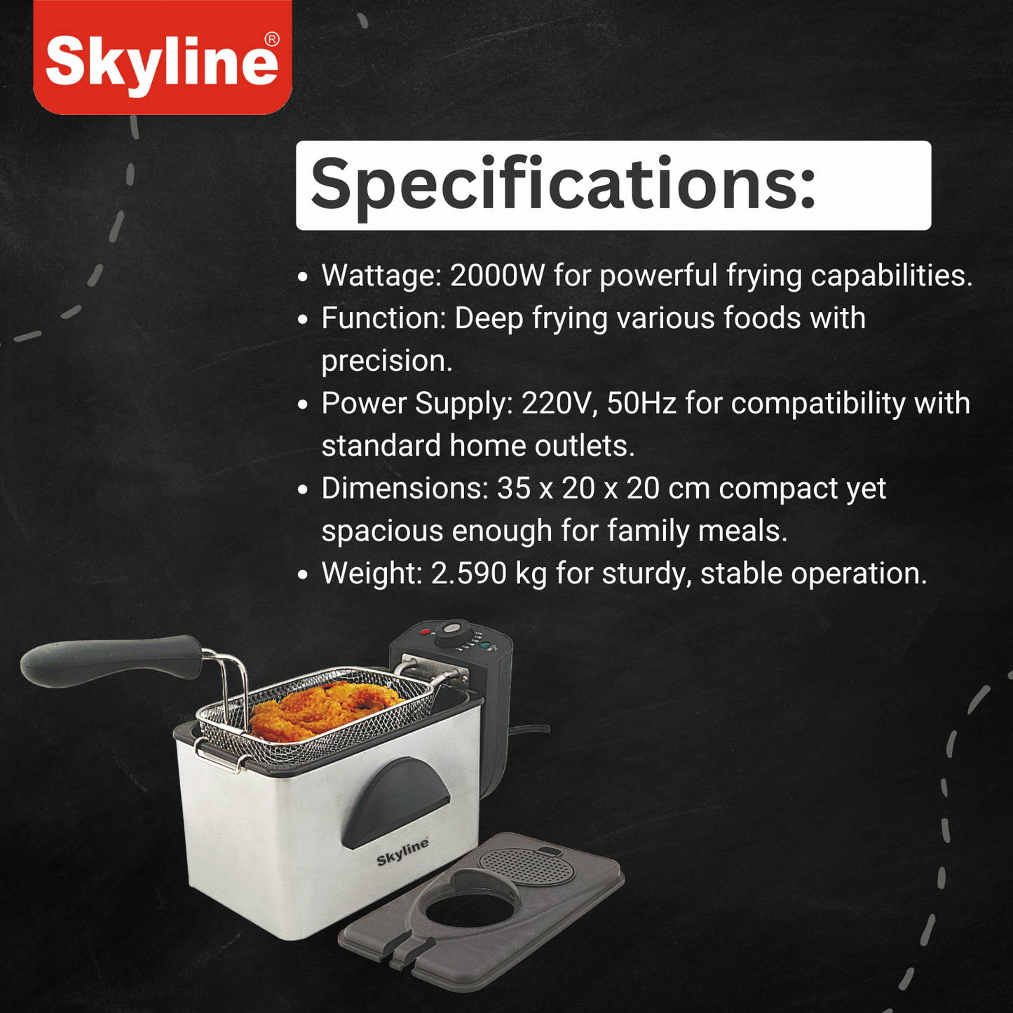 Skyline 2000W Deep Fryer | 2L Capacity with Adjustable Thermostat & Stainless Steel Design