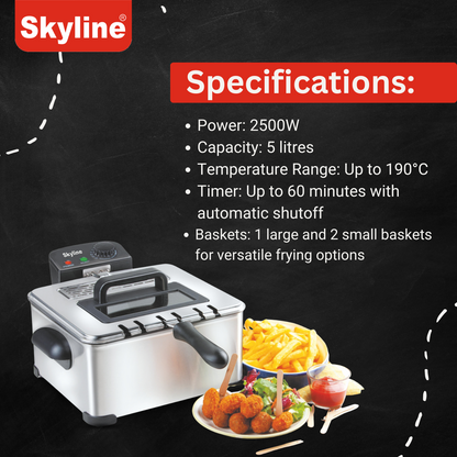 Skyline 2500W Deep Fryer with Triple Basket, 5 Litres – Versatile and Powerful Frying for Large Meals