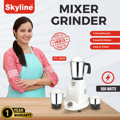 Skyline 550W Mixer Grinder with 3 Jars | Powerful & Versatile Kitchen Companion