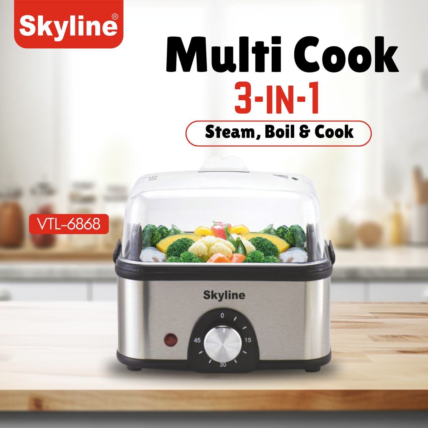 Skyline Electric Multi Cook 3-in-1 Pan, Stainless Steel, 400W - Steam, Boil & Cook