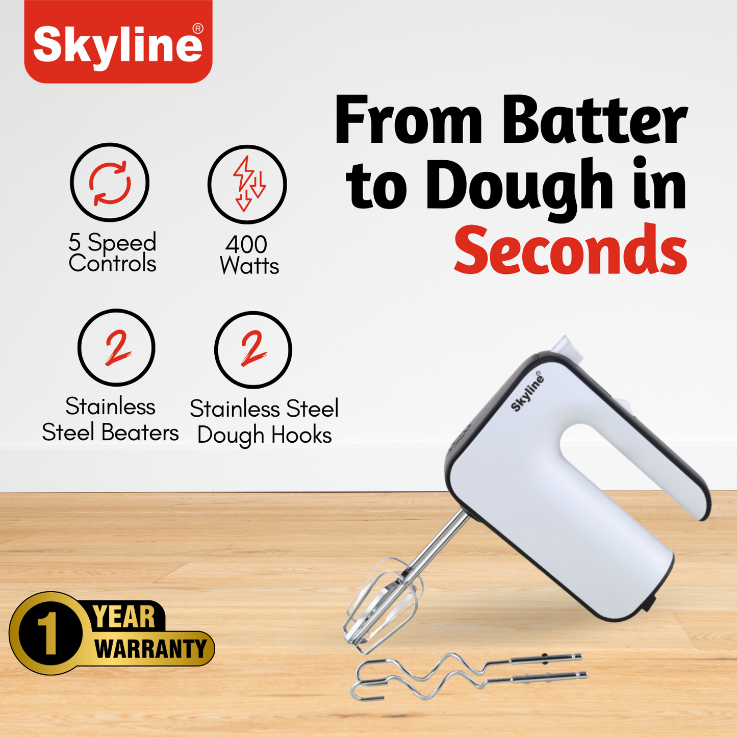 Skyline 400W Hand Mixer with 5-Speed and Turbo Function | Effortless Mixing and Blending