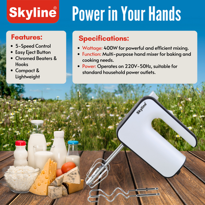 Skyline 400W Hand Mixer with 5-Speed and Turbo Function | Effortless Mixing and Blending