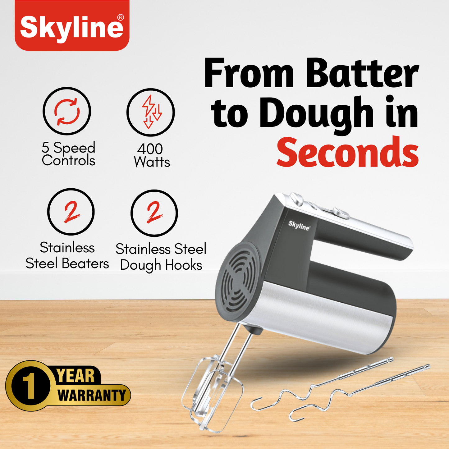 Skyline 400W Hand Mixer with 5-Speed and Turbo Function | Effortless Mixing and Blending