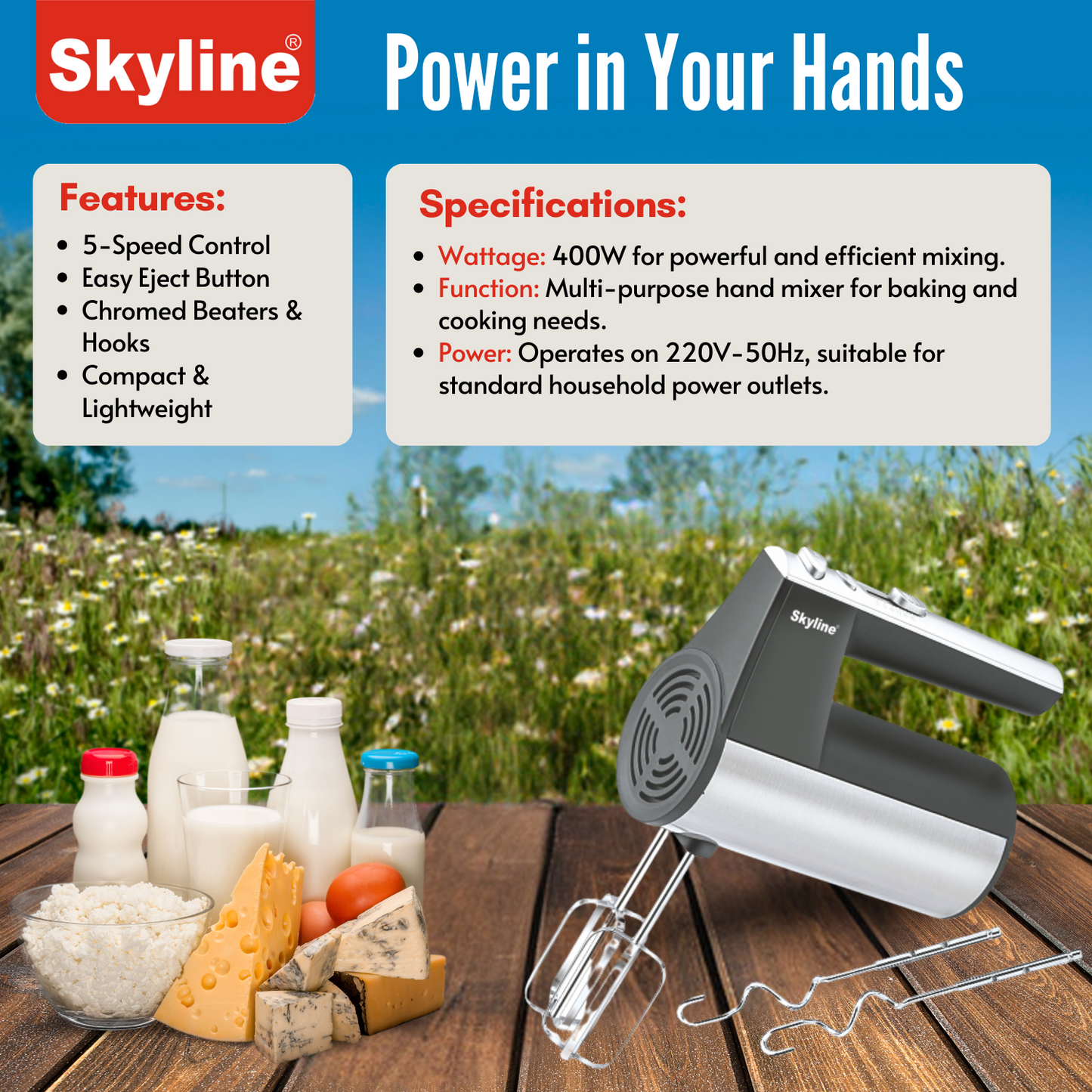 Skyline 400W Hand Mixer with 5-Speed and Turbo Function | Effortless Mixing and Blending