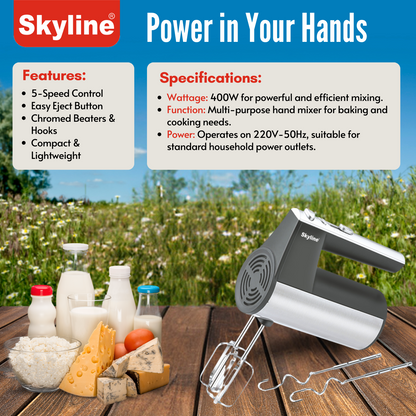 Skyline 400W Hand Mixer with 5-Speed and Turbo Function | Effortless Mixing and Blending