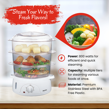 Skyline 800W Food Steamer, Efficient and Versatile Steaming for Healthy Cooking