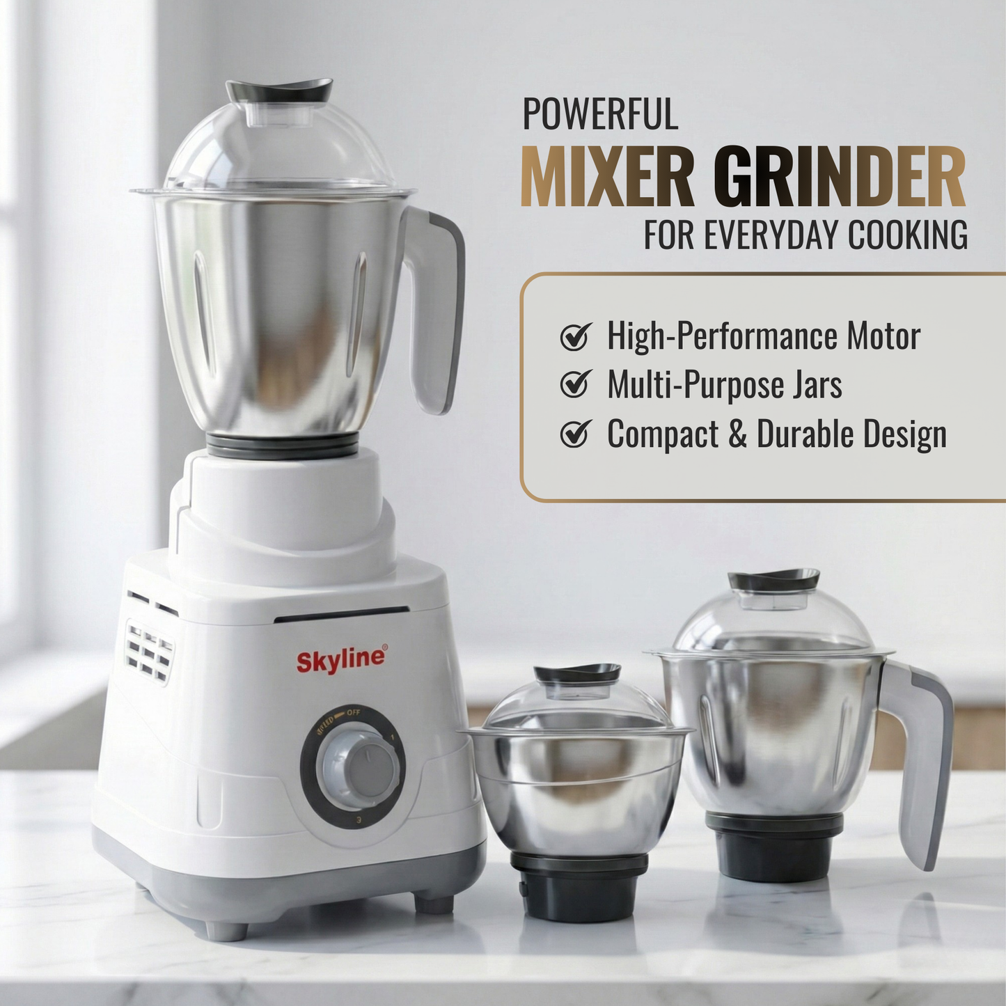 Skyline 750-Watt Mixer Grinder with 3 Jars – Power-Packed Performance for Every Kitchen