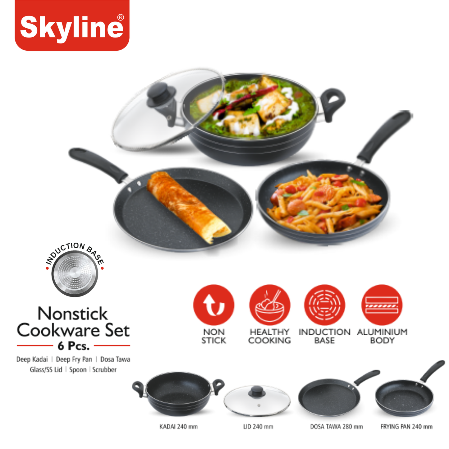 Skyline Non-Stick Cookware Set, 240mm Frying Pan, 280mm Dosa Tawa & 240mm Kadhai