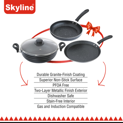 Skyline Non-Stick Cookware Set, 240mm Frying Pan, 280mm Dosa Tawa & 240mm Kadhai