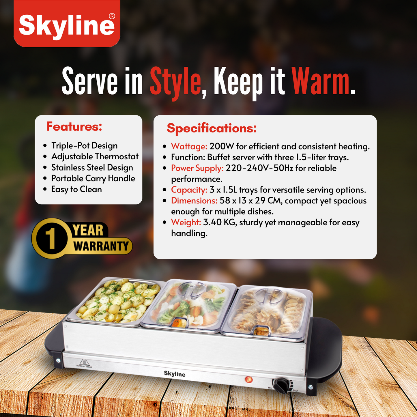 Skyline Buffet Server 3 x 1.5L Buffet Trays