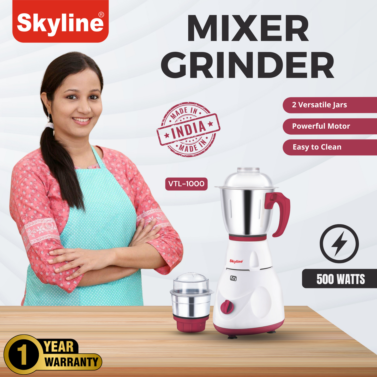 Skyline 550W Mixer Grinder with 2 Stainless Steel Jars | Power-Packed Kitchen Essential