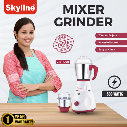 Skyline 550W Mixer Grinder with 2 Stainless Steel Jars | Power-Packed Kitchen Essential