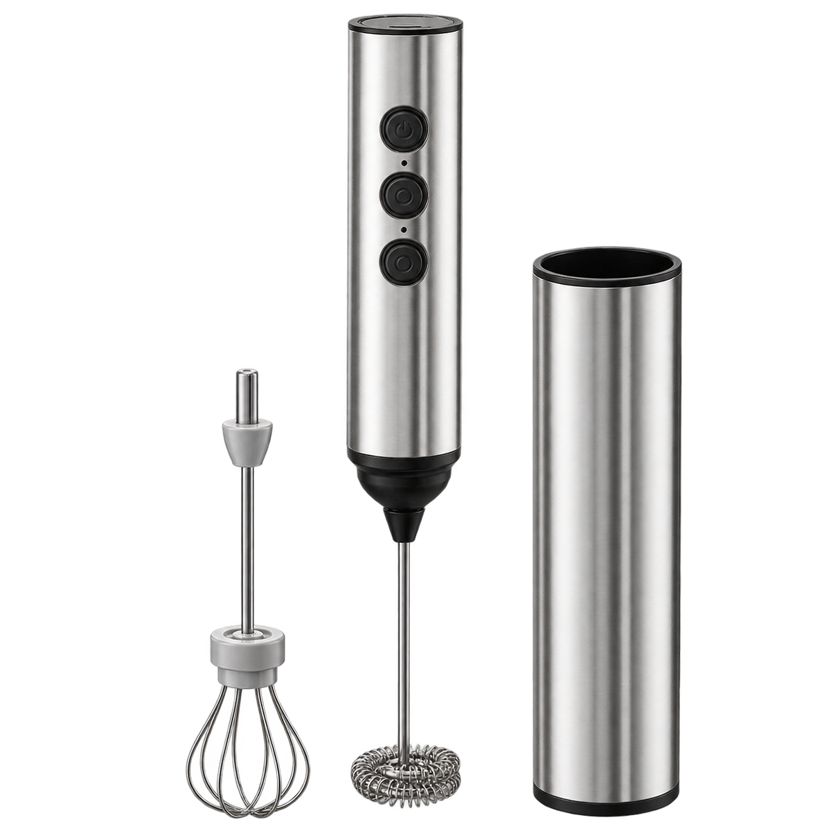 Skyline BF-1201 wireless rechargeable milk frother with balloon whisk, spring whisk and stainless-steel cover