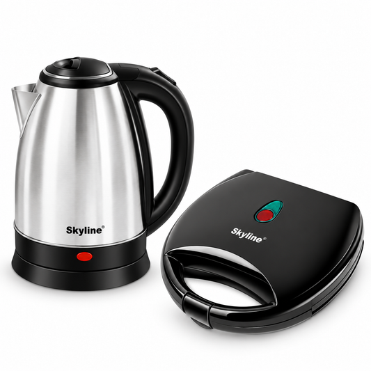 Skyline Breakfast Set stainless steel electric kettle and black sandwich toaster on white background