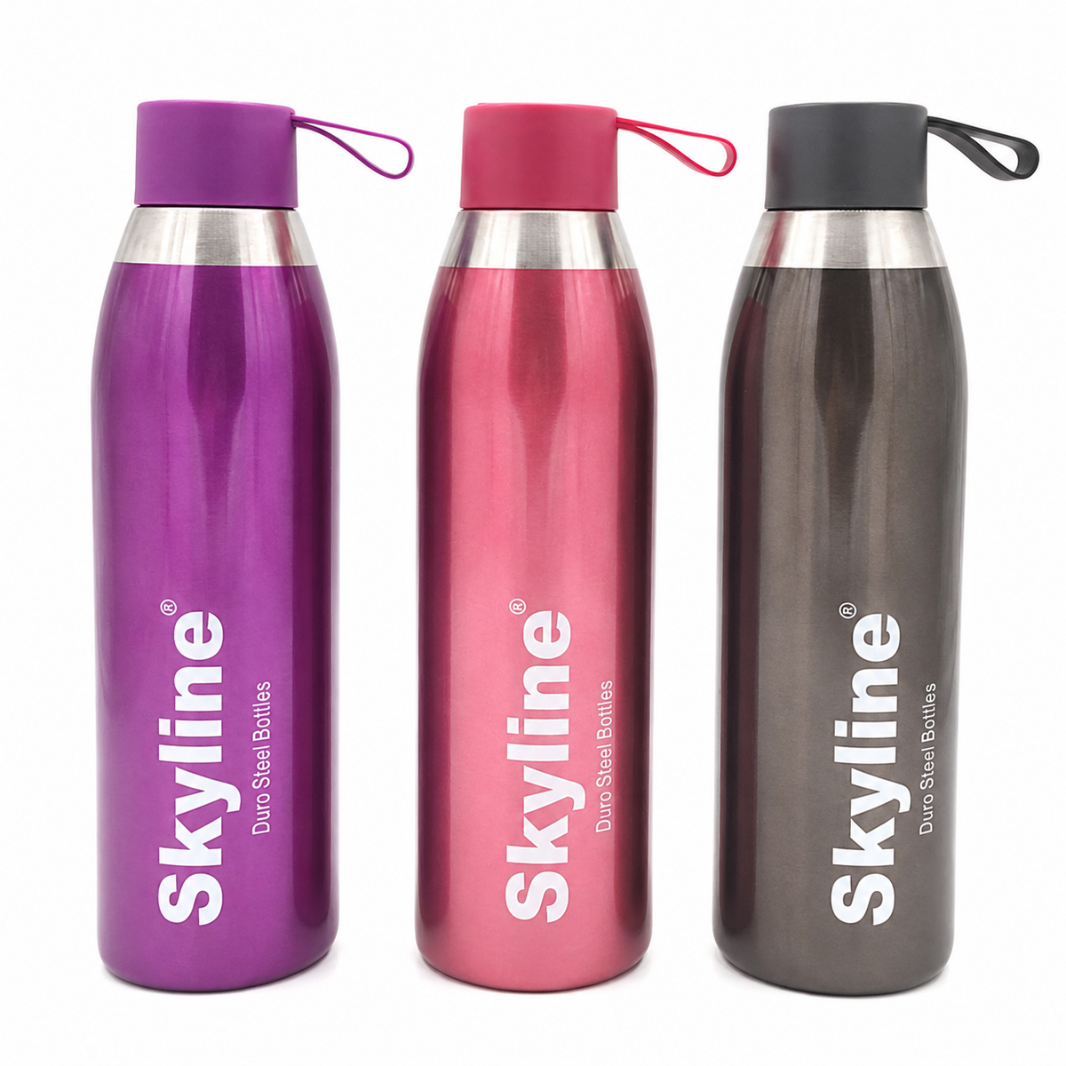 Skyline CLICK vacuum bottles purple red and charcoal hero view