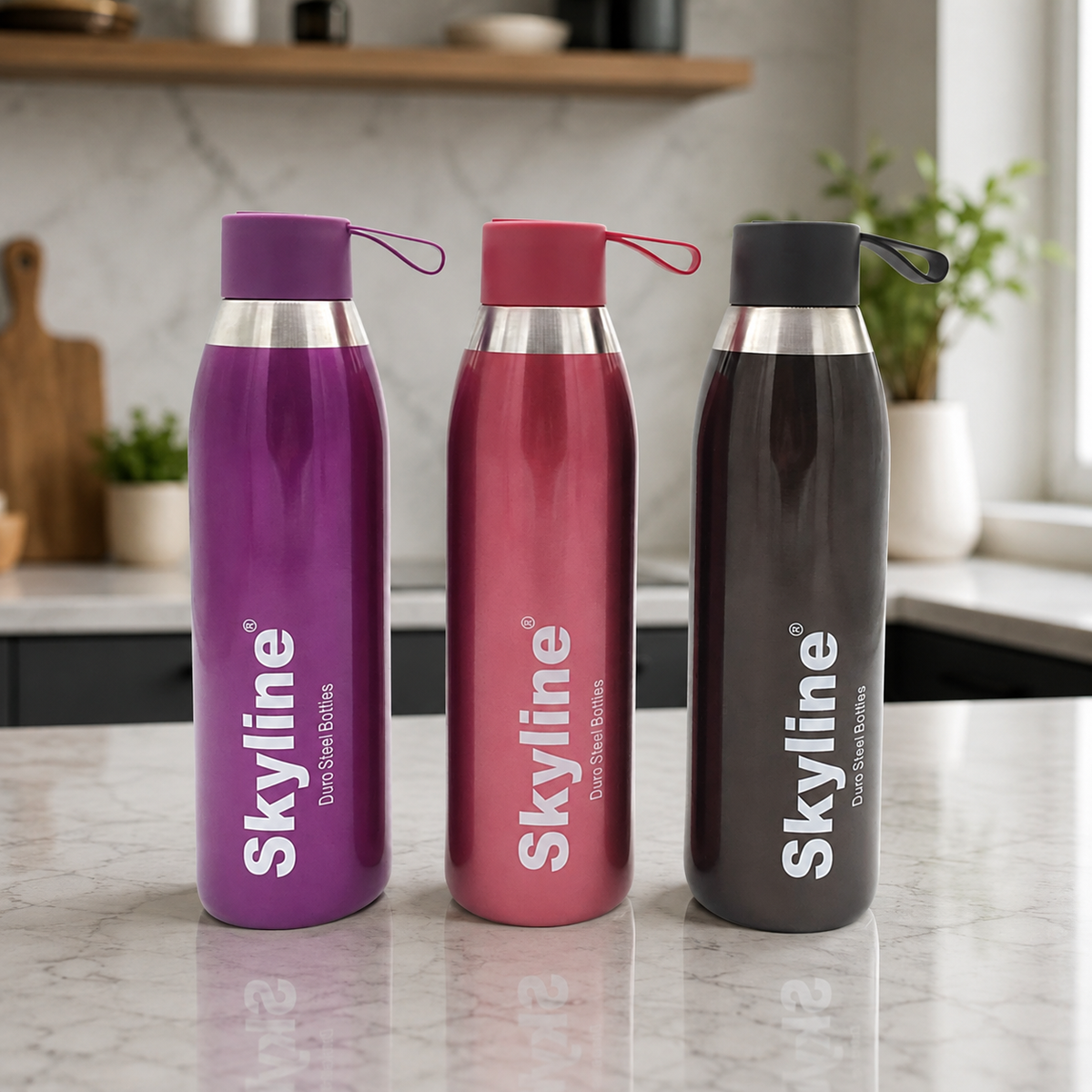 Skyline CLICK vacuum bottles in a modern kitchen
