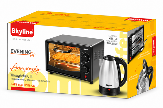 Skyline Evening Set gift packaging box featuring electric kettle and oven toaster on white background