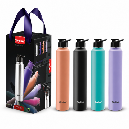 Detail view of four Skyline bottle colors with matching flip-spout lids