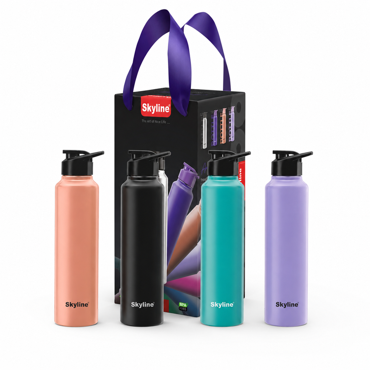 Skyline four-color bottle family set with gift box in studio arrangement