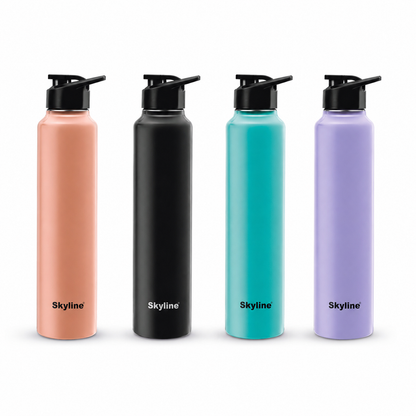 Studio detail of four Skyline bottle bodies logos and black flip lids