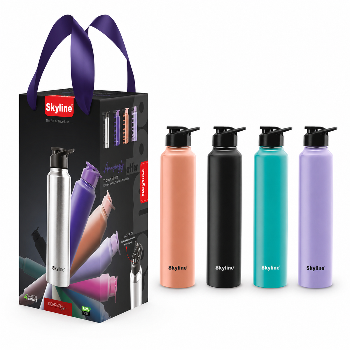 Skyline four-pack stainless steel bottles with gift box on white background