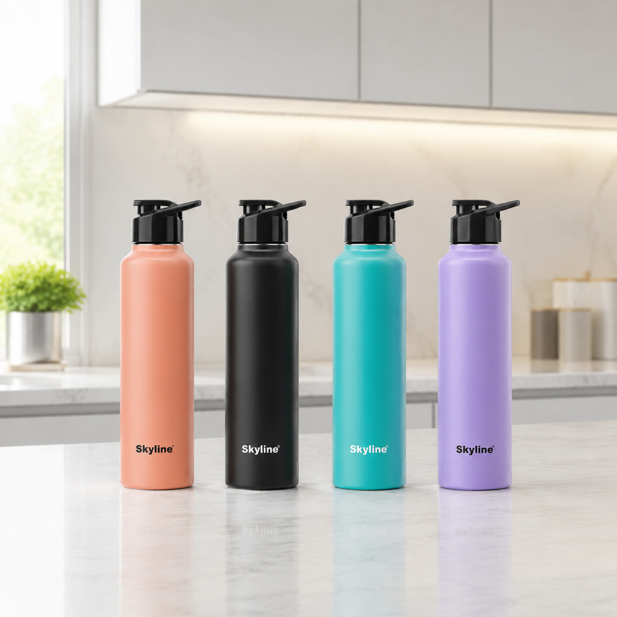 Four Skyline stainless steel bottles in a premium family kitchen