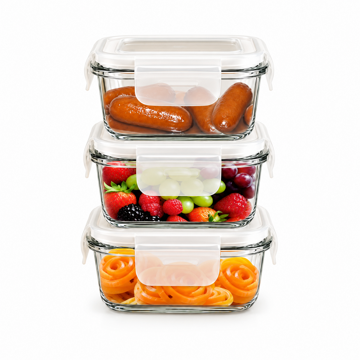 Skyline FC-03 three-piece glass food container set with white airtight locking lids
