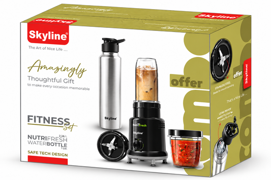 Skyline Fitness Set gift packaging with NutriFresh blender and stainless steel bottle on white background