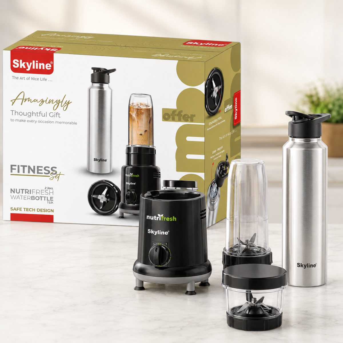 Skyline Fitness Set mixer two jars and steel bottle in alternate studio view