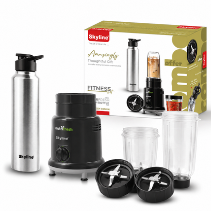 Detail of Skyline Fitness Set mixer controls jar blades lids and bottle cap