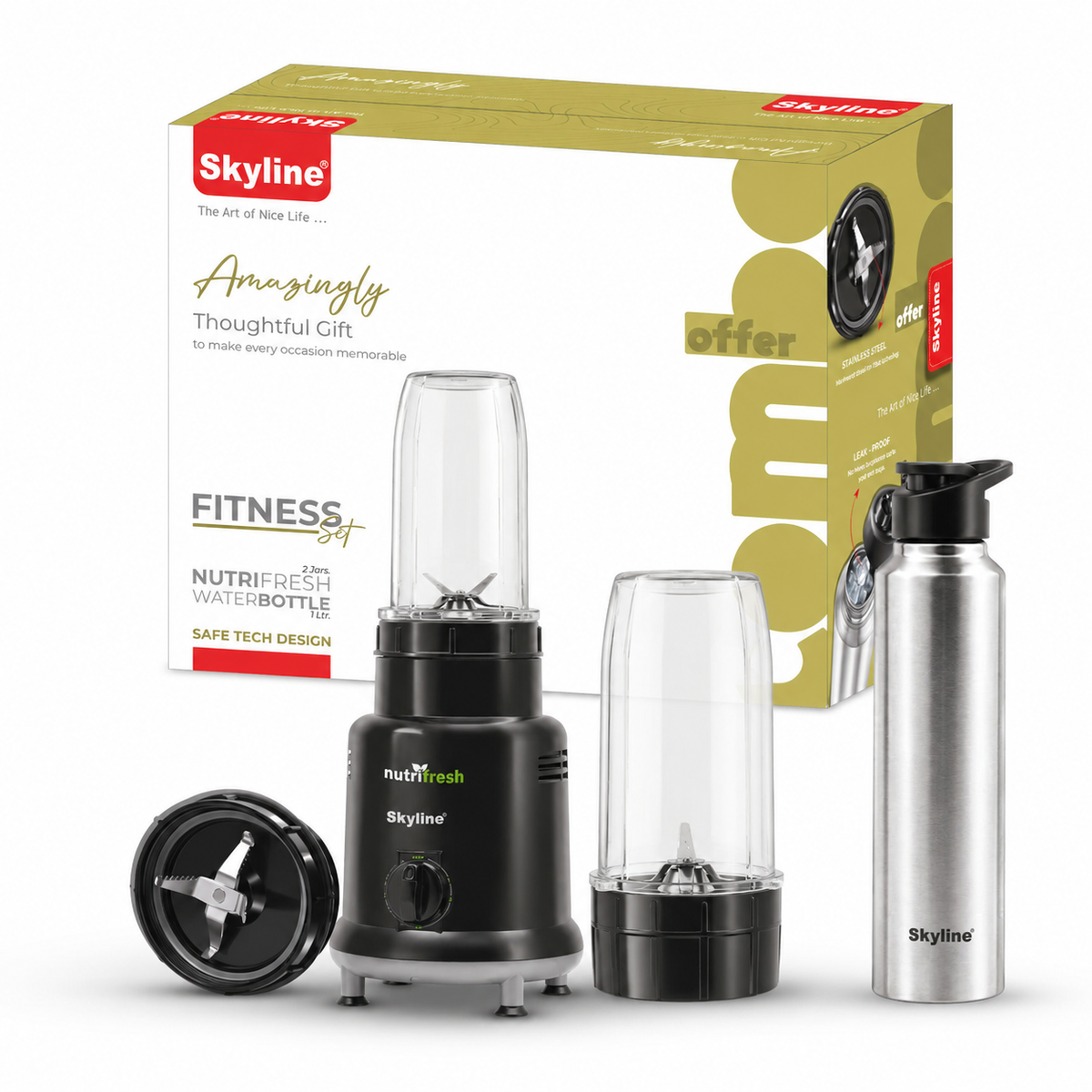 Studio detail of Skyline Fitness Set mixer jars steel bottle and logos