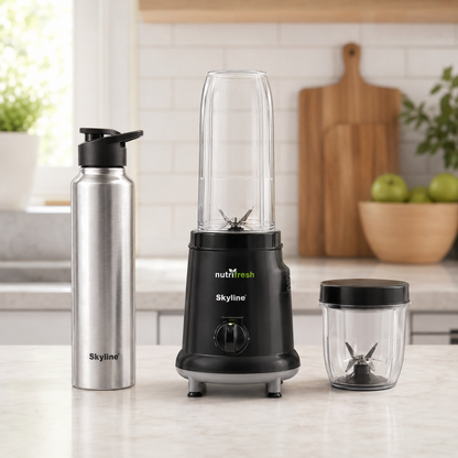 Skyline Fitness Set nutriFresh mixer jars and bottle in a premium kitchen