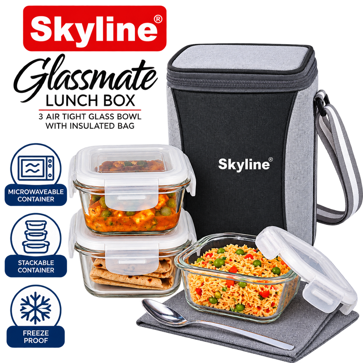 Skyline Glassmate lunch box set with three 320ml glass bowls and insulated carry bag