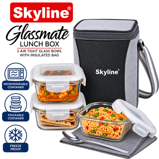 Skyline Glassmate lunch box set with three 320ml glass bowls and insulated carry bag