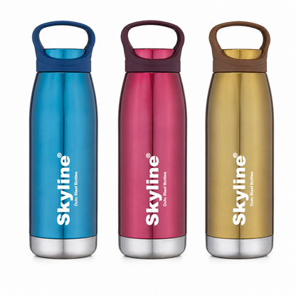 Skyline GLORY insulated bottles in blue pink and gold on white