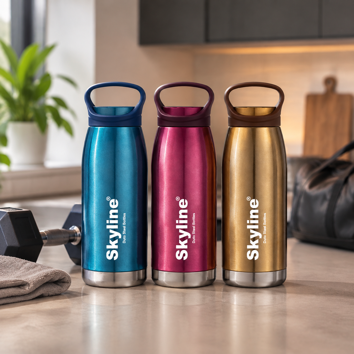 Skyline GLORY insulated bottles in a premium fitness lifestyle scene