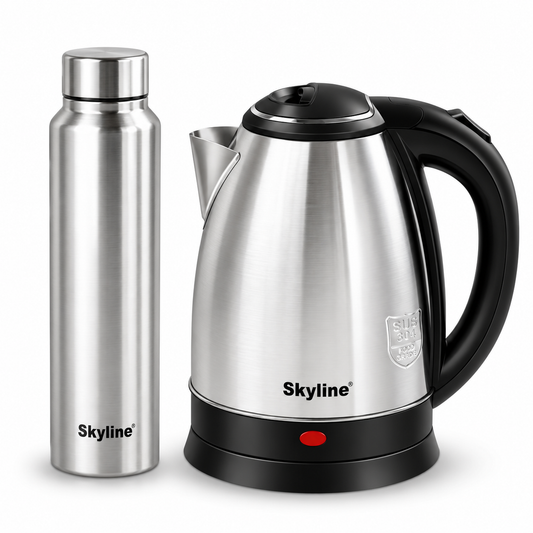 Skyline Hydra Set electric kettle and stainless steel water bottle on white background