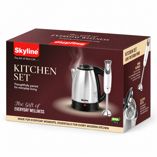 Skyline Kitchen Set original gift box with electric kettle and hand blender on white background