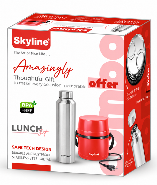 Skyline Lunch Set gift box with electric lunch box and stainless steel bottle on pure white background
